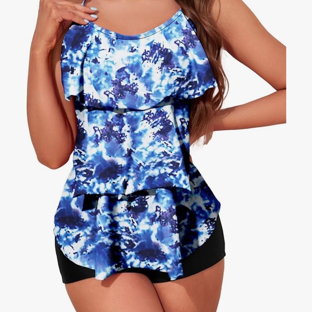 Blue and White Ruffled Tankini
